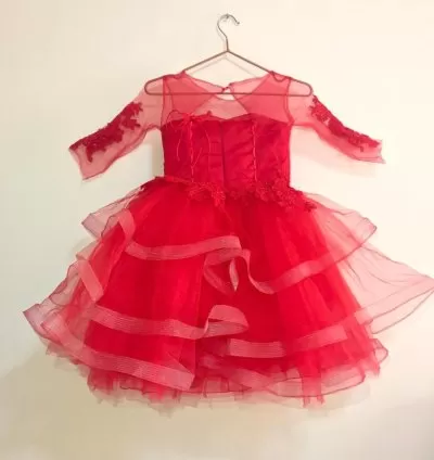 Girls Red Party Dress with Floral Appliqué & Layered Tulle Skirt, 3/4 Sleeve – SKU EF113