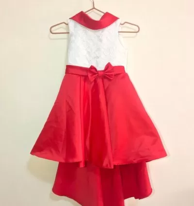 Girls Red High‑Low Satin Party Dress with Lace Bodice – EF115