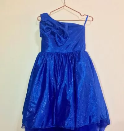 Girls Royal Blue One‑Shoulder Glitter High‑Low Dress – EF117