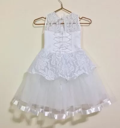 Girls White Lace & Tulle Party Dress with Bow – EF102