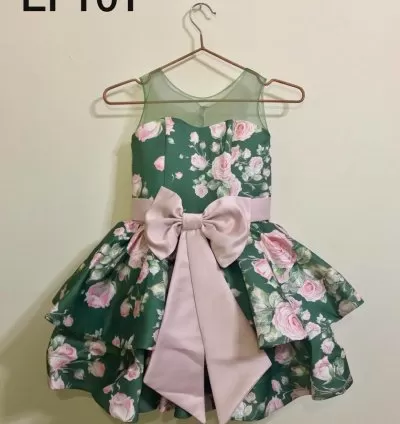 Girls Green Floral Layered Dress with Big Bow – EF101