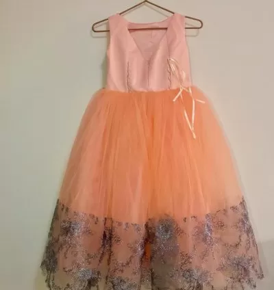 Girls Peach Lace & Tulle Long Gown with Bow – EF110