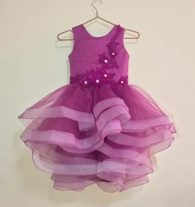 Girls Magenta Ruffle Tulle Dress with Floral Appliqué – EF106