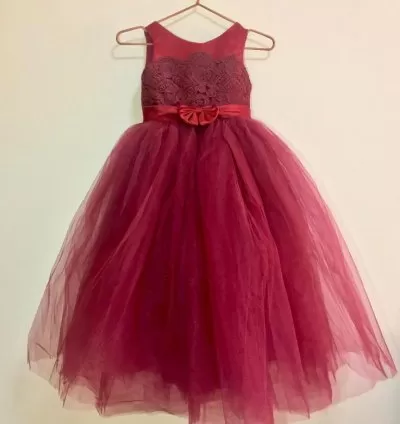 Girls Wine Lace Bodice Tulle Gown with Belt – EF112