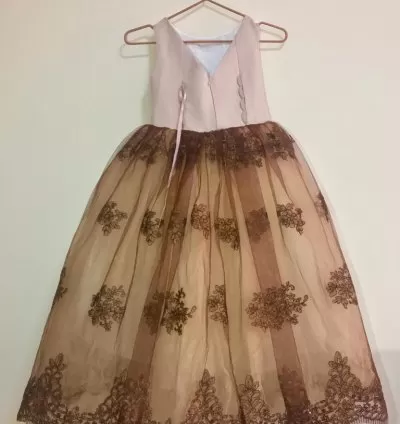 Girls Champagne & Coffee Lace Gown with Bow – EF111